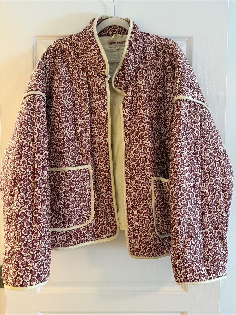 Free People Quilted Floral Jacket in Burgundy and Cream Trim